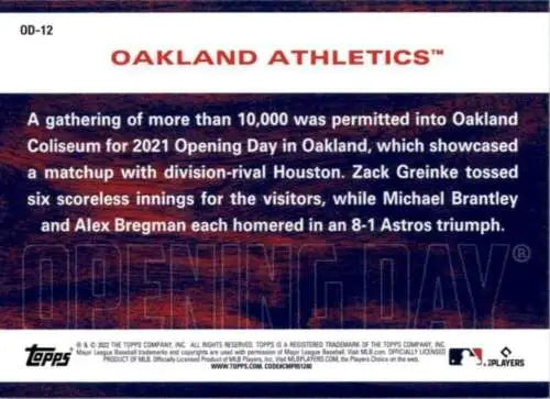 Baseball card featuring Oakland Athletics 2021 Opening Day game, original gloss finish