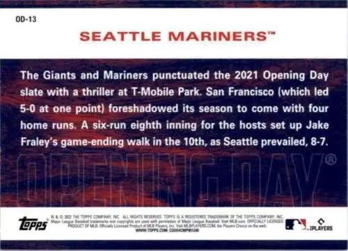2022 Topps Opening Day card featuring 2021 game details of Seattle Mariners vs Simply Sandoval