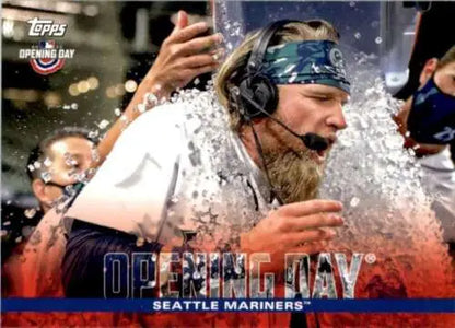 Baseball player Simply Sandoval celebrates with water spray in 2022 Topps Opening Day card