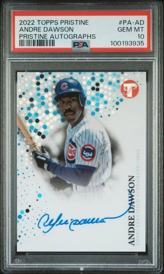 PSA-graded 2022 Topps Pristine Andre Dawson Chicago Cubs baseball card with blue dots design