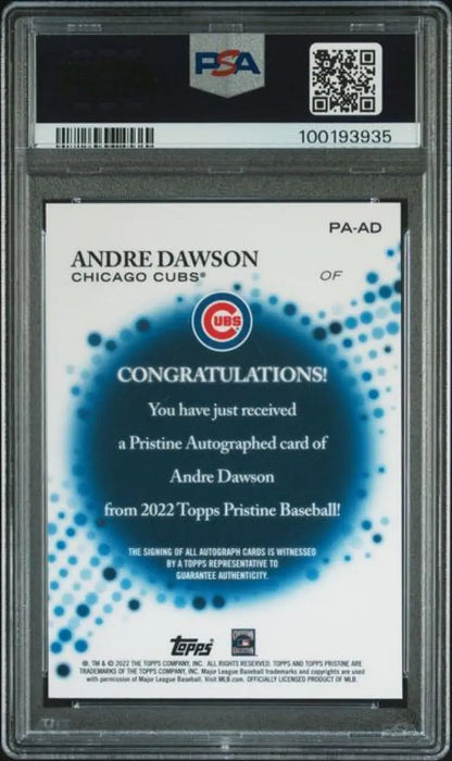 2022 Topps Pristine Andre Dawson Chicago Cubs Baseball Card with PSA 10 GEM MINT Auto