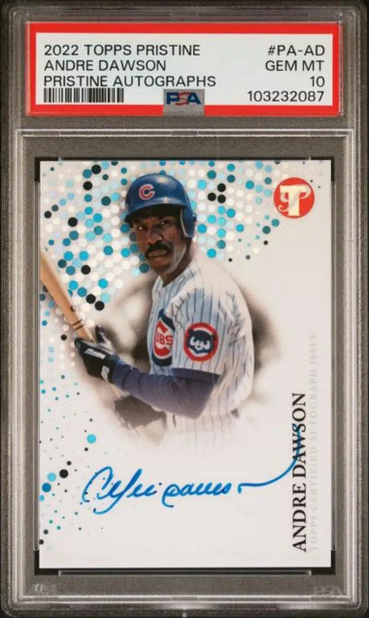 Andre Dawson autographed baseball card from 2022 Topps Pristine Chicago Cubs PSA 10 GEM MINT