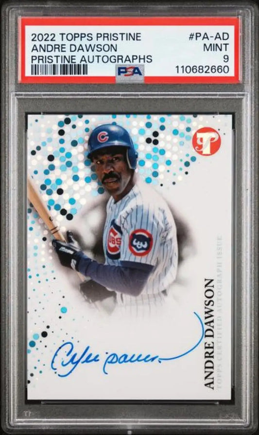 Graded Andre Dawson baseball card with PSA 9 Mint Auto Chicago Cubs branding