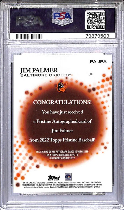 Graded Jim Palmer autographed baseball card from 2022 Topps Pristine featuring Baltimore Orioles