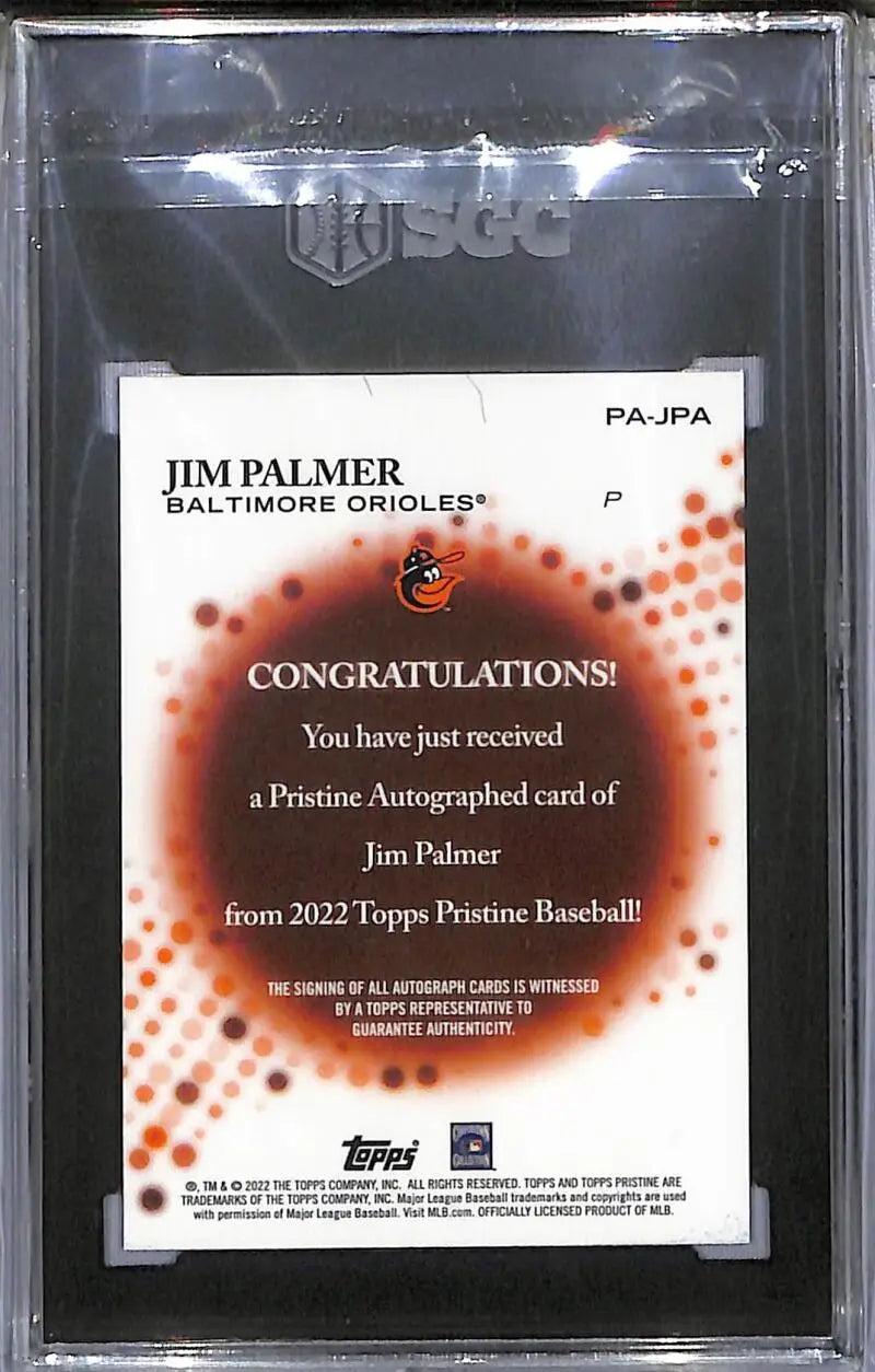 Encased Jim Palmer autographed baseball card from 2022 Topps Pristine Baltimore Orioles