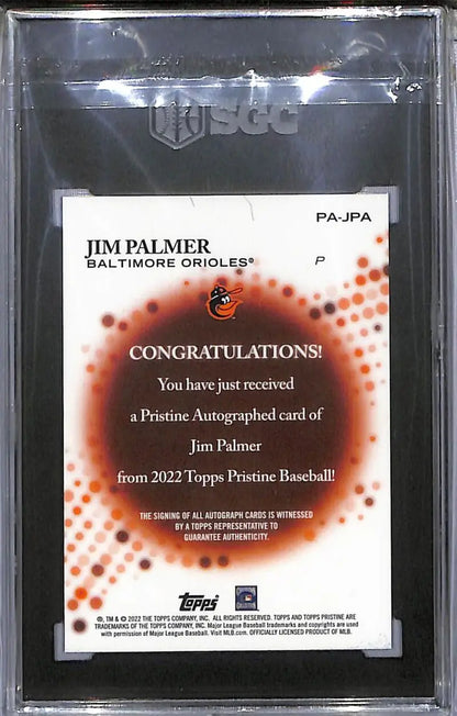 Encased Jim Palmer autographed baseball card from 2022 Topps Pristine Baltimore Orioles