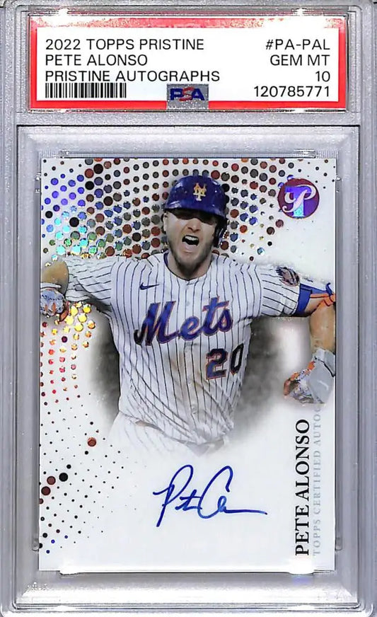 A graded 2022 Topps Pristine Pete Alonso autographed baseball card PSA 10 GEM MINT