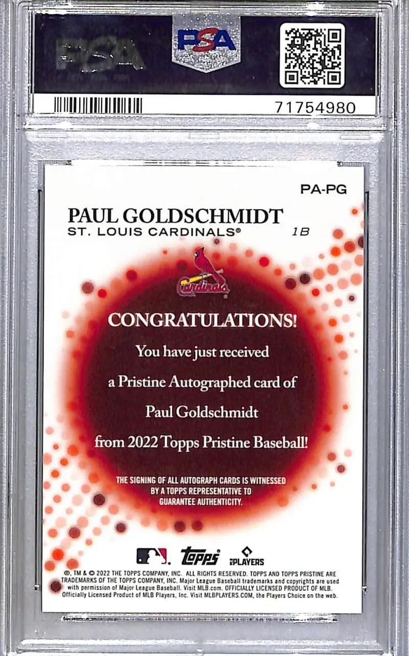 Graded Paul Goldschmidt autographed baseball card from 2022 Topps Pristine PA-PG Paul Goldschmidt PSA 10