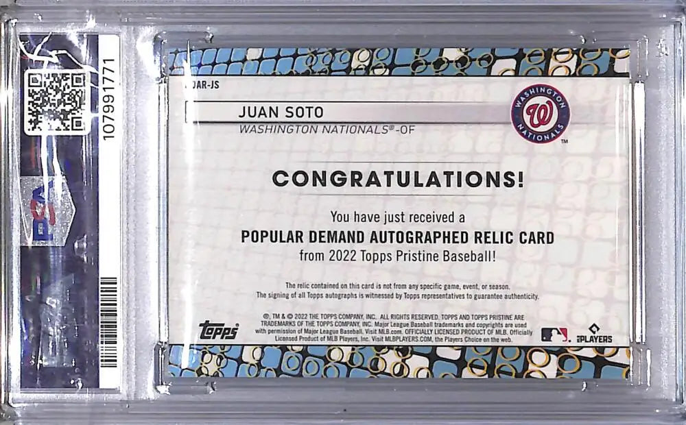 Juan Soto baseball card from Topps Pristine Popular Demand series for Washington Nationals