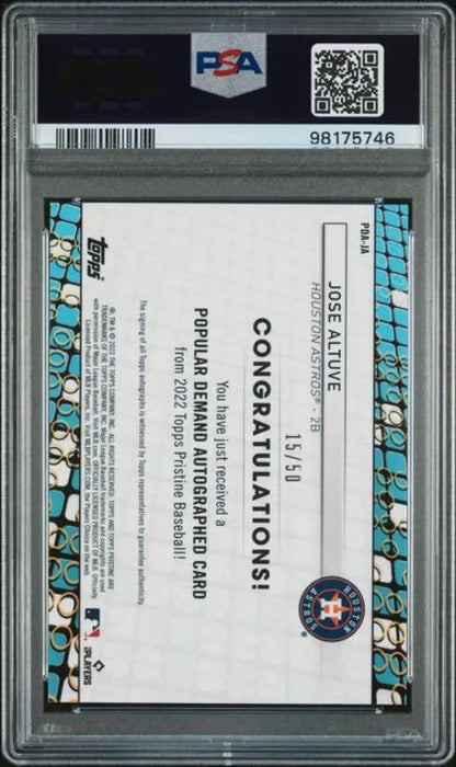Graded Jose Altuve autographed baseball card with refractor gold finish from Topps Pristine