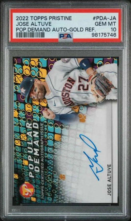 Refractor gold Jose Altuve autographed baseball card from 2022 Topps Pristine series