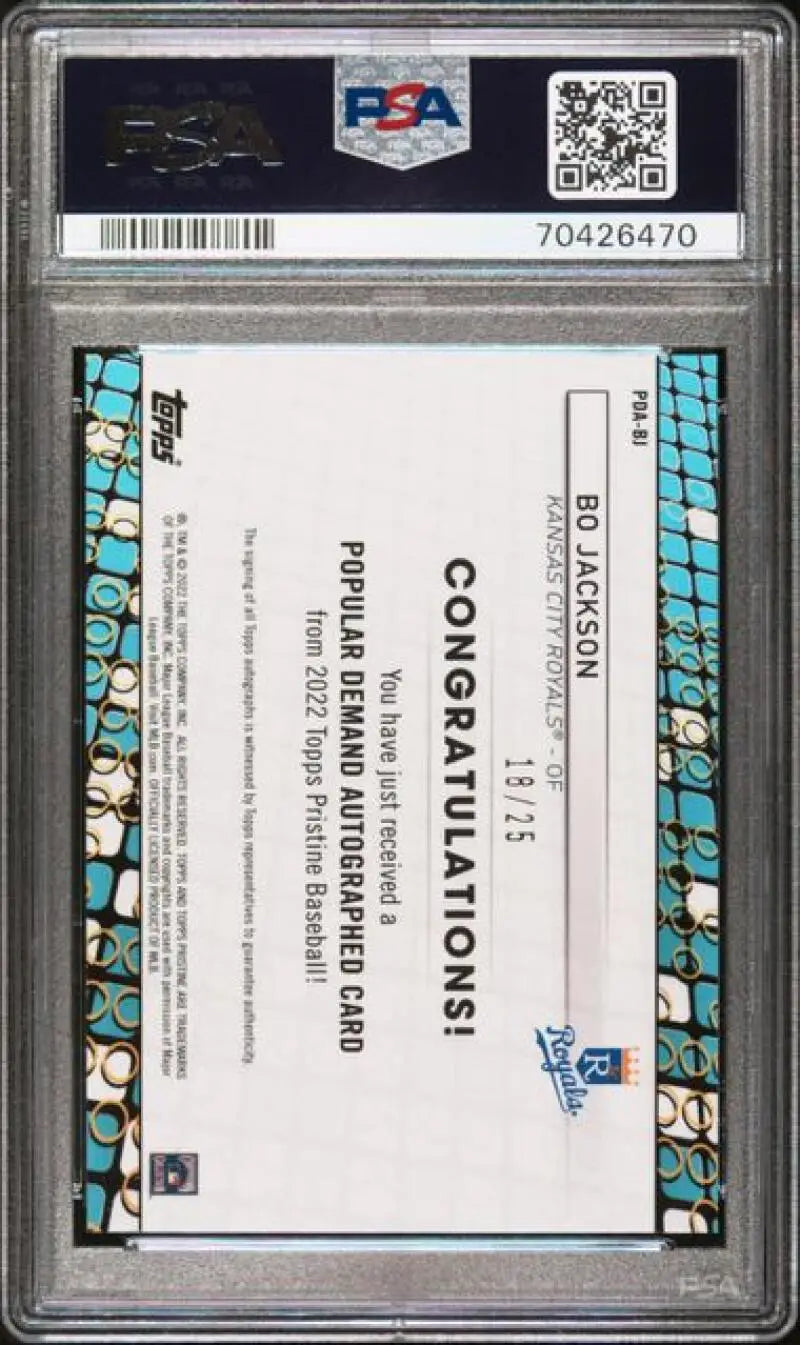 Graded Bo Jackson Kansas City Royals baseball card from 2022 Topps Pristine Refractor Orange