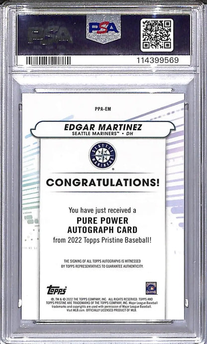 Graded Edgar Martinez autograph card from 2022 Topps Pristine Pure Power series featuring Seattle Mariners player
