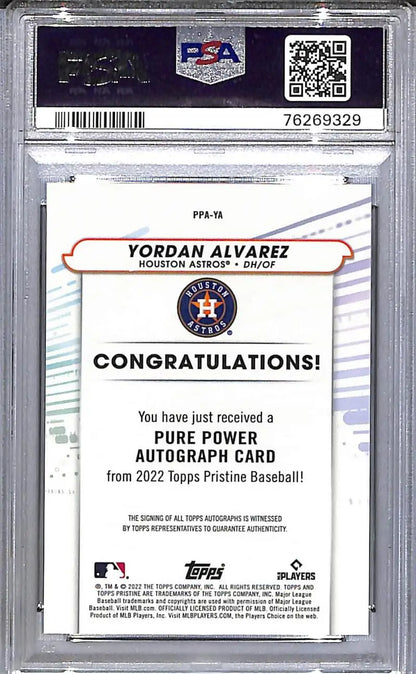 Yordan Alvarez graded sports trading card from Topps Pristine Pure featuring Houston Astros
