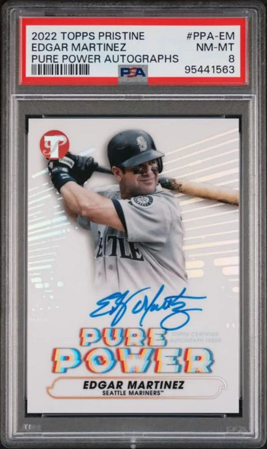 PSA-graded 2022 Topps Pristine Pure Power Edgar Martinez baseball card in protective case