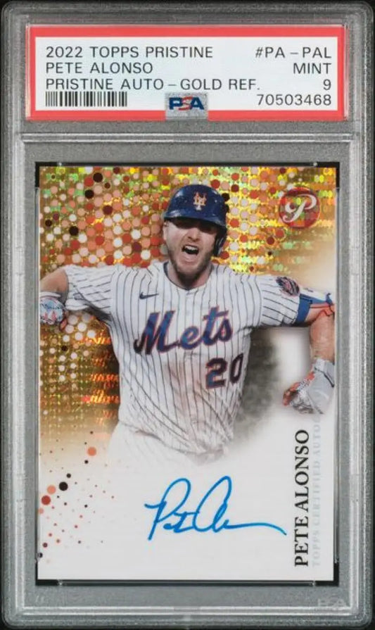 Graded Pete Alonso baseball card from Topps Pristine Refractor Gold series with PSA 9 Mint grade