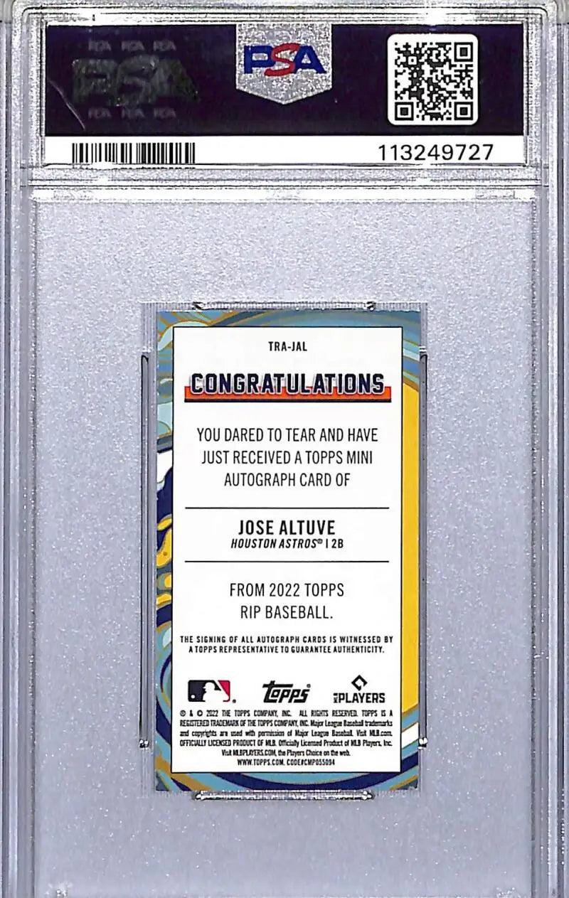 Graded Jose Altuve autograph card from 2022 Topps RIP Mini series, PSA 8 NM-MT
