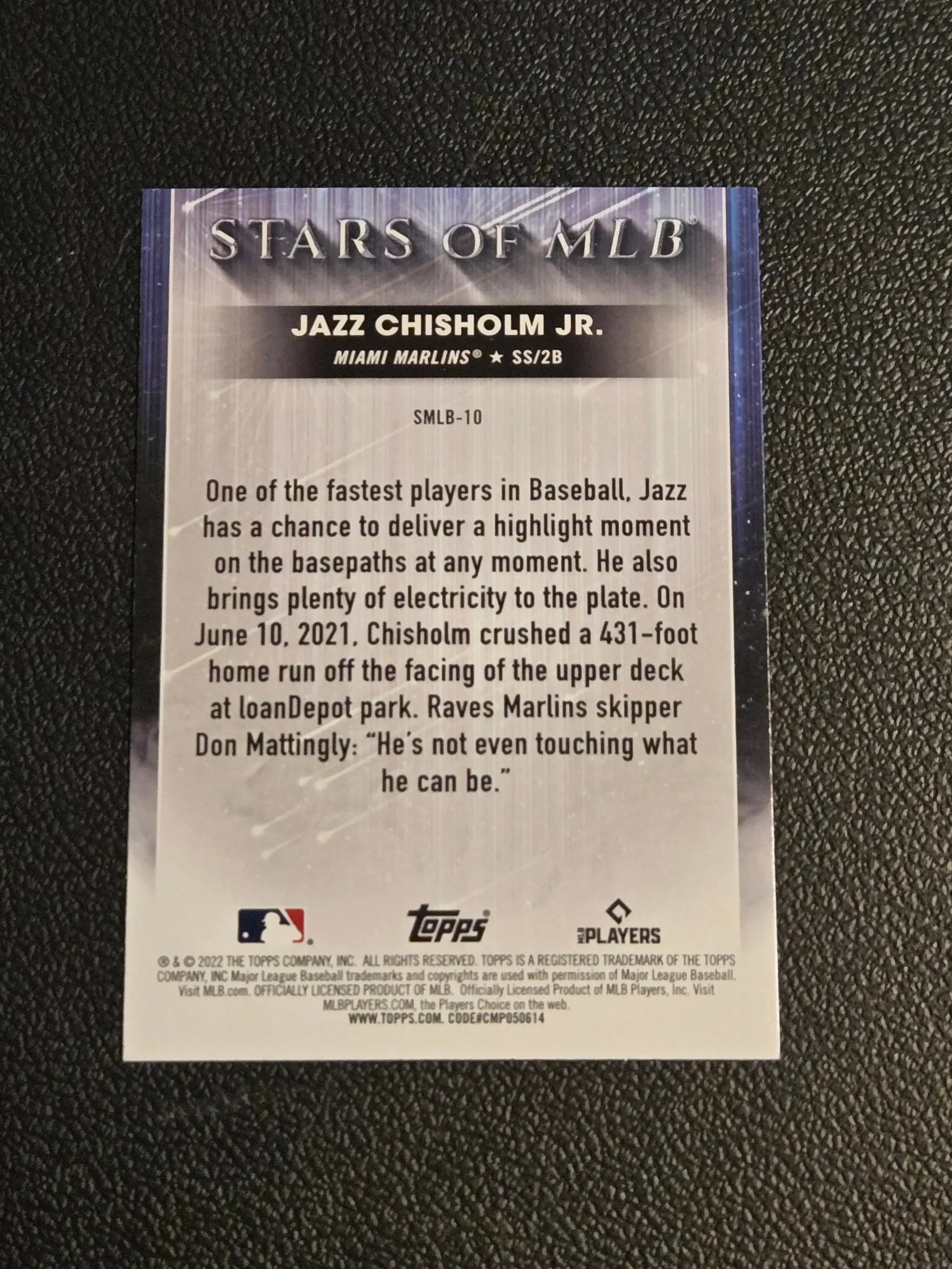 Collectible Jazz Chisholm Jr. baseball card from 2022 Topps Stars of MLB series