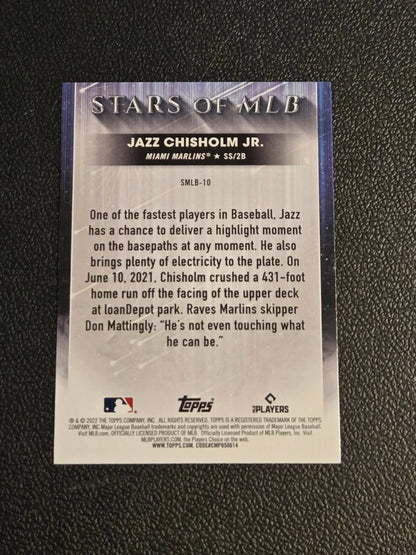 Collectible Jazz Chisholm Jr. baseball card from 2022 Topps Stars of MLB series