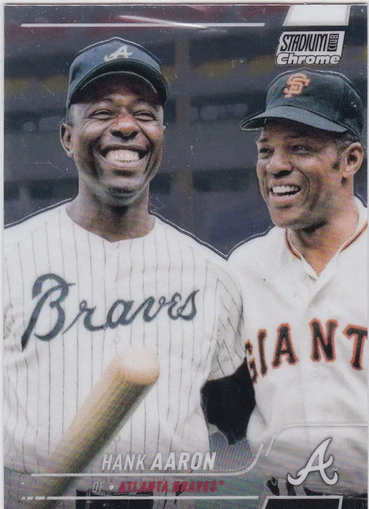 Baseball trading card featuring Hank Aaron Atlanta Braves and Willie Mays in Topps Stadium Club