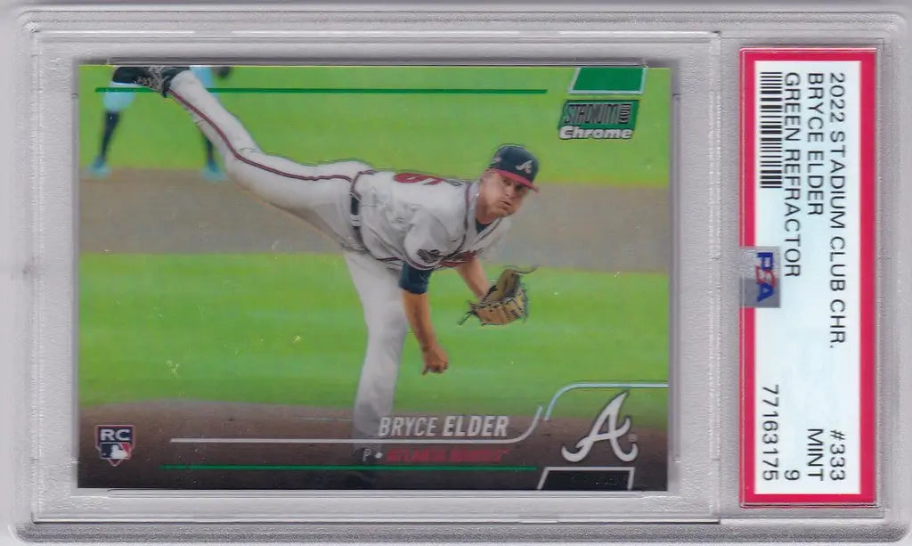 Baseball card of Bryce Elder mid-throw in Topps Stadium Club Chrome Green Refractor holder