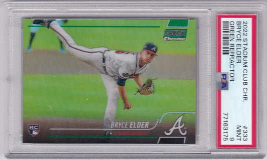 Baseball card of Bryce Elder mid-throw in Topps Stadium Club Chrome Green Refractor holder