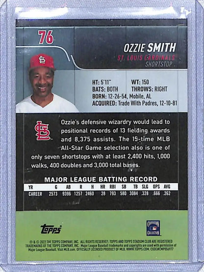 Ozzie Smith baseball card from 2022 Topps Stadium Club Chrome series featuring St. Louis Cardinals