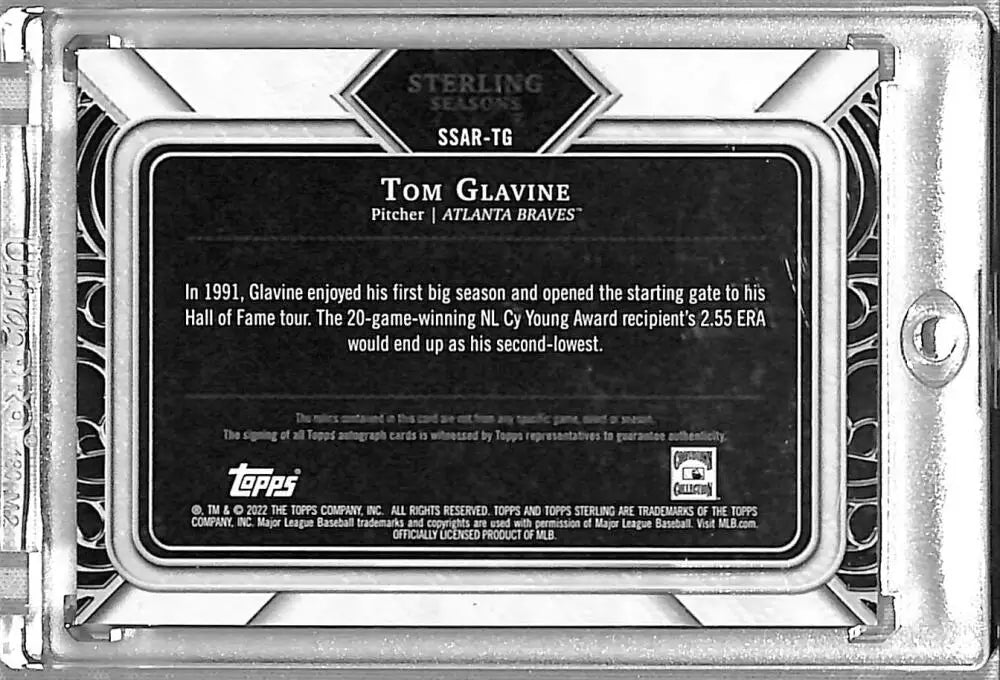 Back of Tom Glavine Topps Sterling Seasons baseball card displaying biographical details