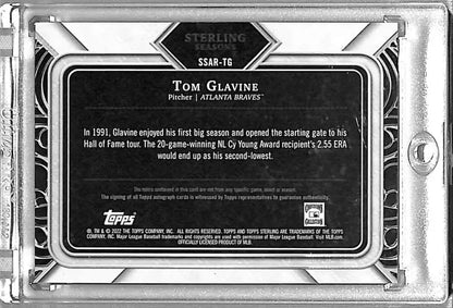 Back of Tom Glavine Topps Sterling Seasons baseball card displaying biographical details