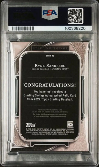 Graded Ryne Sandberg autographed Chicago Cubs baseball card from 2022 Topps Sterling