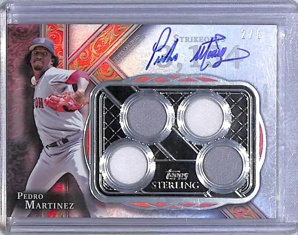 Baseball trading card of Pedro Martinez with autographed signature and Red Sox jersey swatches