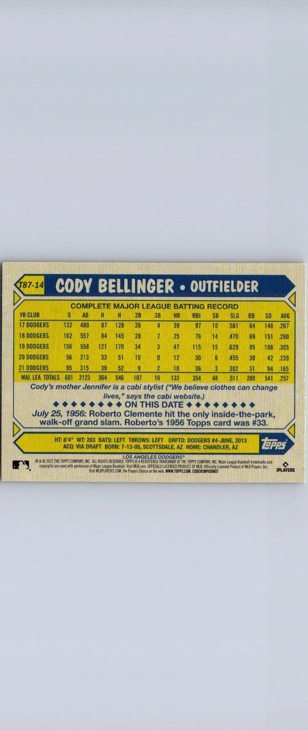 Cody Bellinger baseball card from 2022 Topps #T87-14 trading cards collection