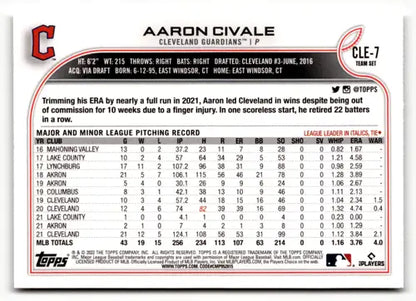 Aaron Civale baseball card from 2022 Topps Team Sets Philadelphia Phillies collection