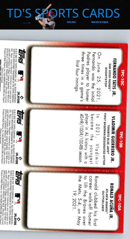 Baseball cards featuring Ronald Acuna stats in 2022 Topps TPC-10A TPC-10B TPC-10C set