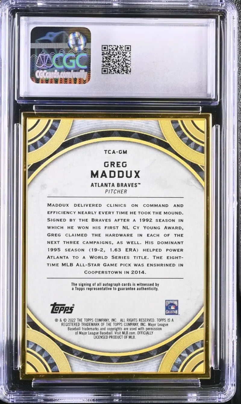 Back side of a Greg Maddux Atlanta Braves baseball card showing player stats and bio