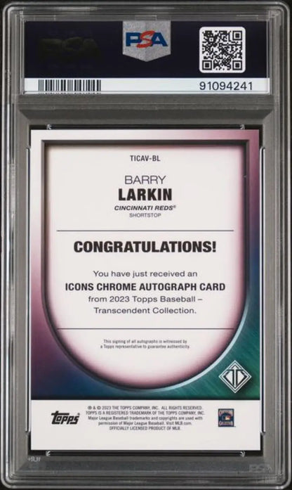 PSA-graded back of 2022 Topps Transcendent Icons Barry Larkin baseball card with details