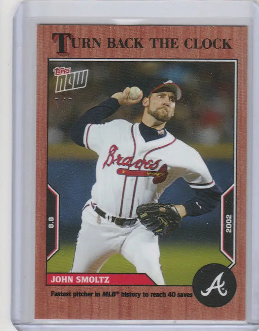 Baseball card of John Smoltz Braves mid-throw from Topps Turn Back the Clock Cherry Parallel