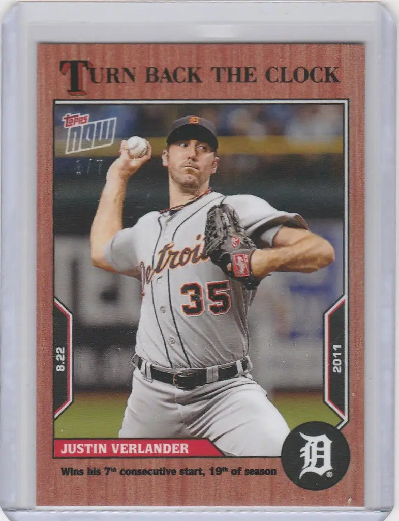 Baseball card of Justin Verlander Tigers in mid-throw from Topps Turn Back the Clock Cherry Parallel