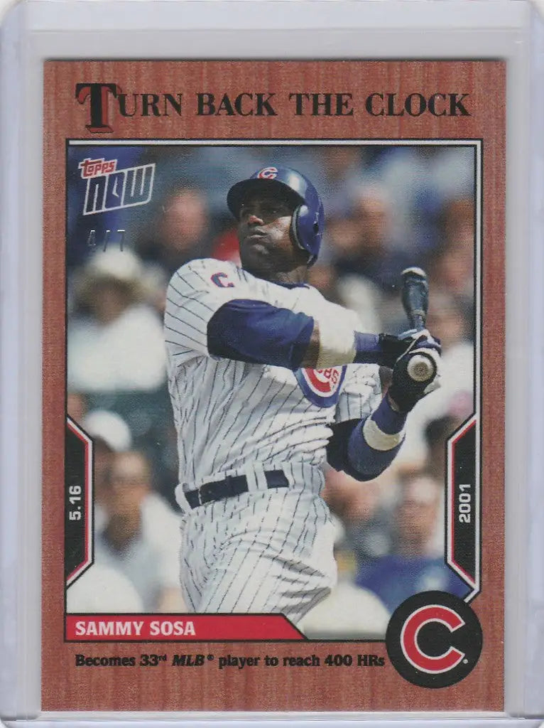 Baseball card of Sammy Sosa swinging bat for Topps Turn Back the Clock Chicago Cubs