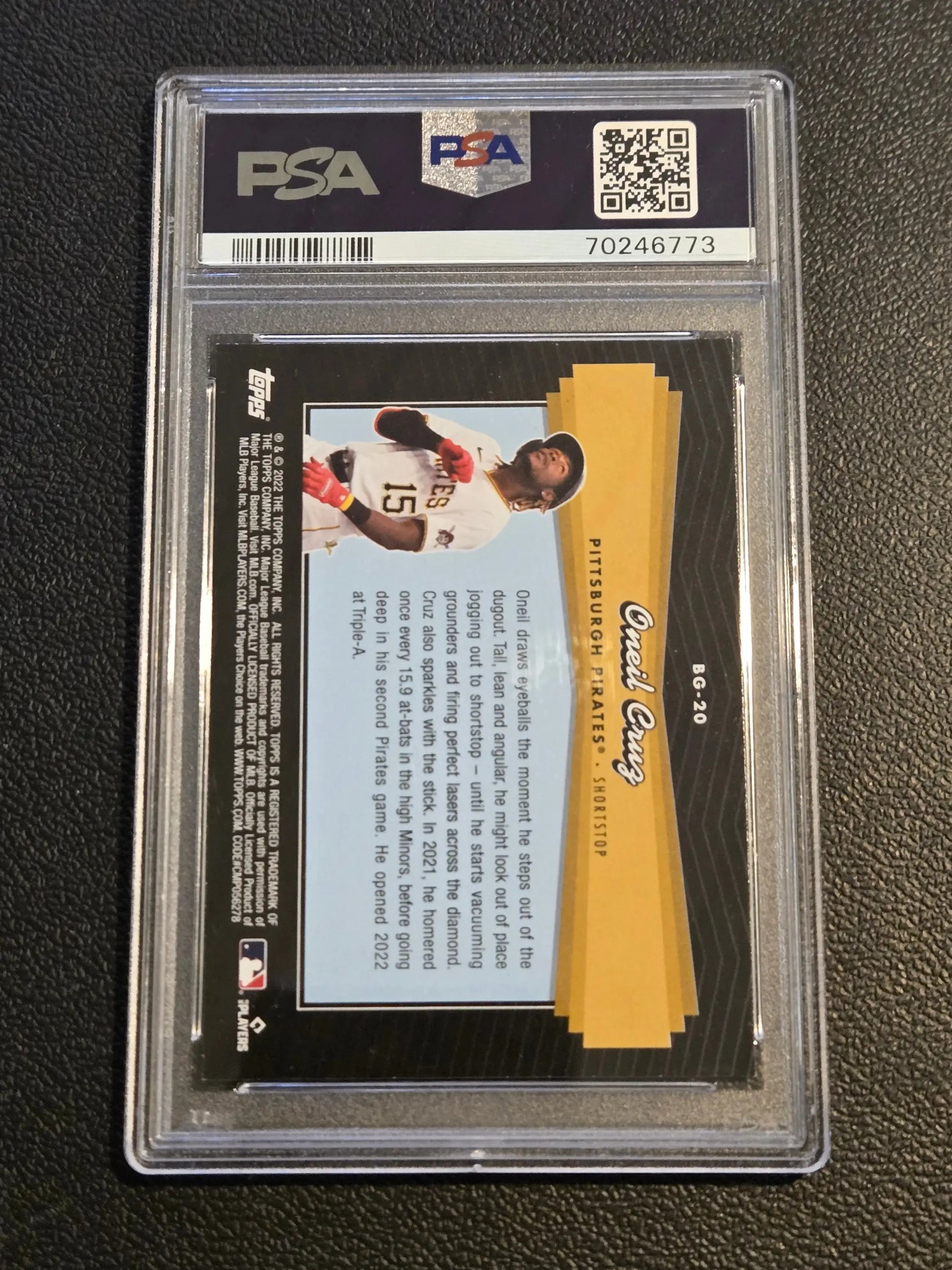 A graded Oneil Cruz Topps trading card featuring Cruz Topps Black Gold Blue PSA 8