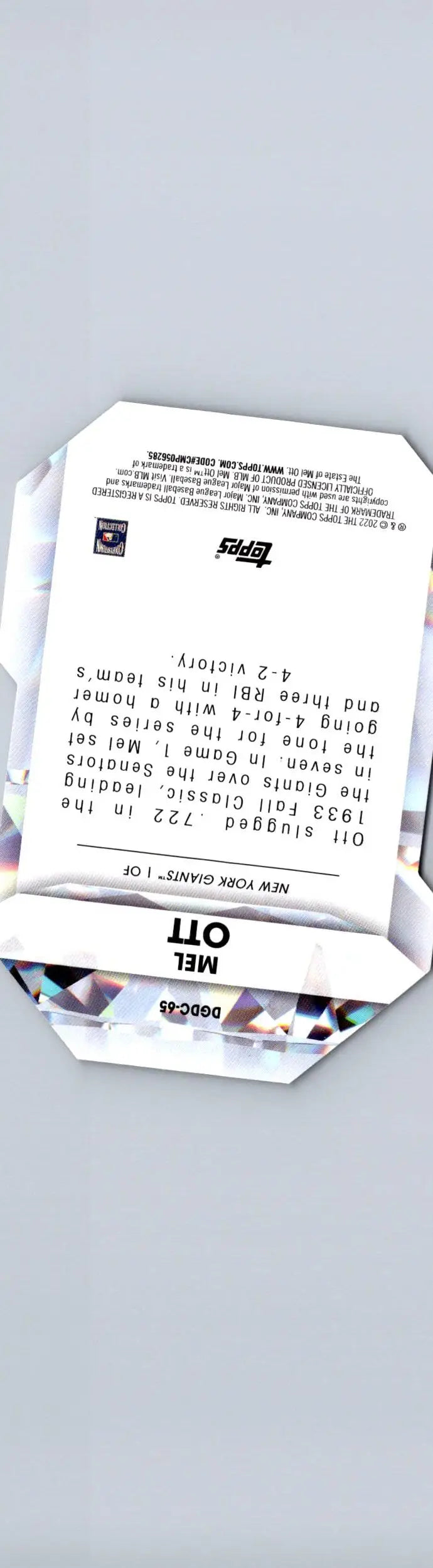 Mel Ott baseball card from 2022 Topps Update featuring Ott Diamond Greats Die Cuts