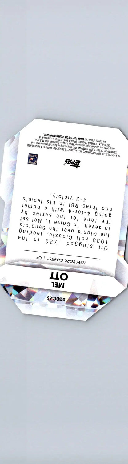 Mel Ott baseball card from 2022 Topps Update featuring Ott Diamond Greats Die Cuts