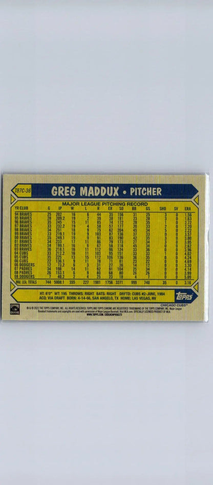 Greg Maddux baseball card from 2022 Topps Baseball 35th Anniversary Chrome set