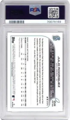 Encased baseball trading card of Julio Rodriguez from 2022 Topps Update Julio series