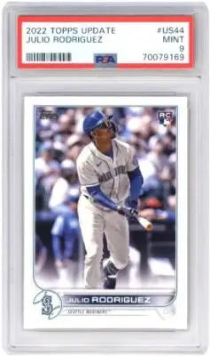 Graded 2022 Topps Update Julio Rodriguez baseball card PSA 9 in display case