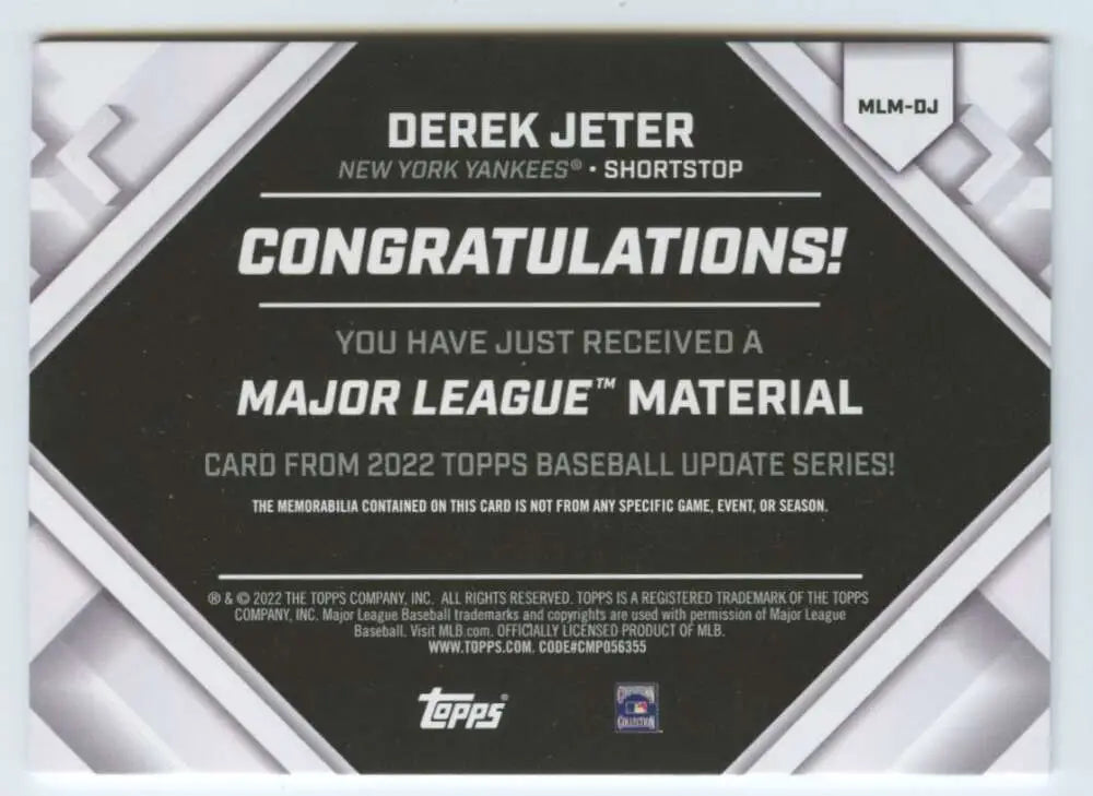 Back of Derek Jeter baseball card with congratulatory text from Topps Update Series