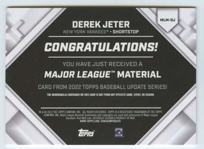Back of Derek Jeter baseball card with congratulatory text from Topps Update Series