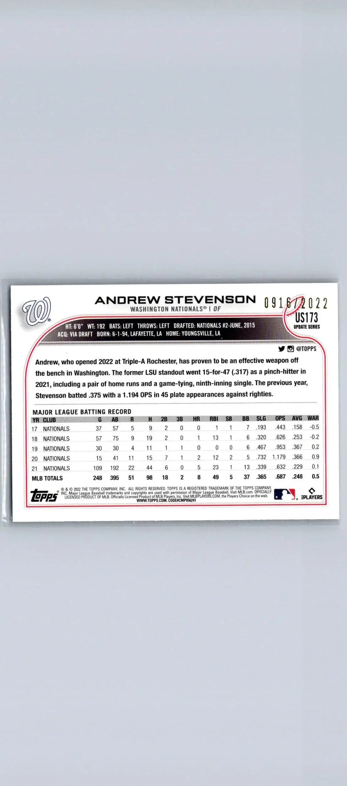 Baseball card back of 2022 Topps Update US173 Andrew Stevenson Gold #/2022