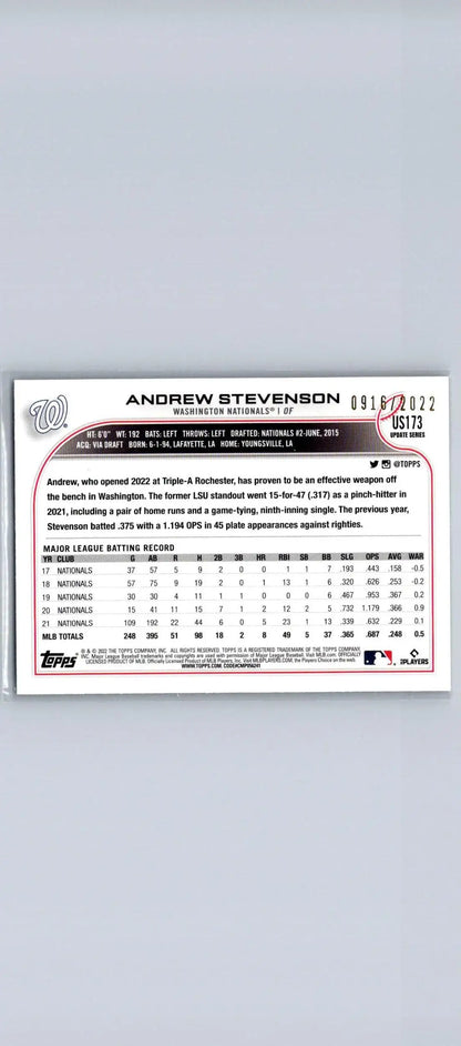 Baseball card back of 2022 Topps Update US173 Andrew Stevenson Gold #/2022