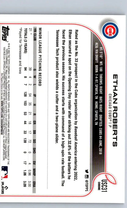 Baseball card back for 2022 Topps Update US256 Ethan Roberts Purple featuring Ethan Roberts